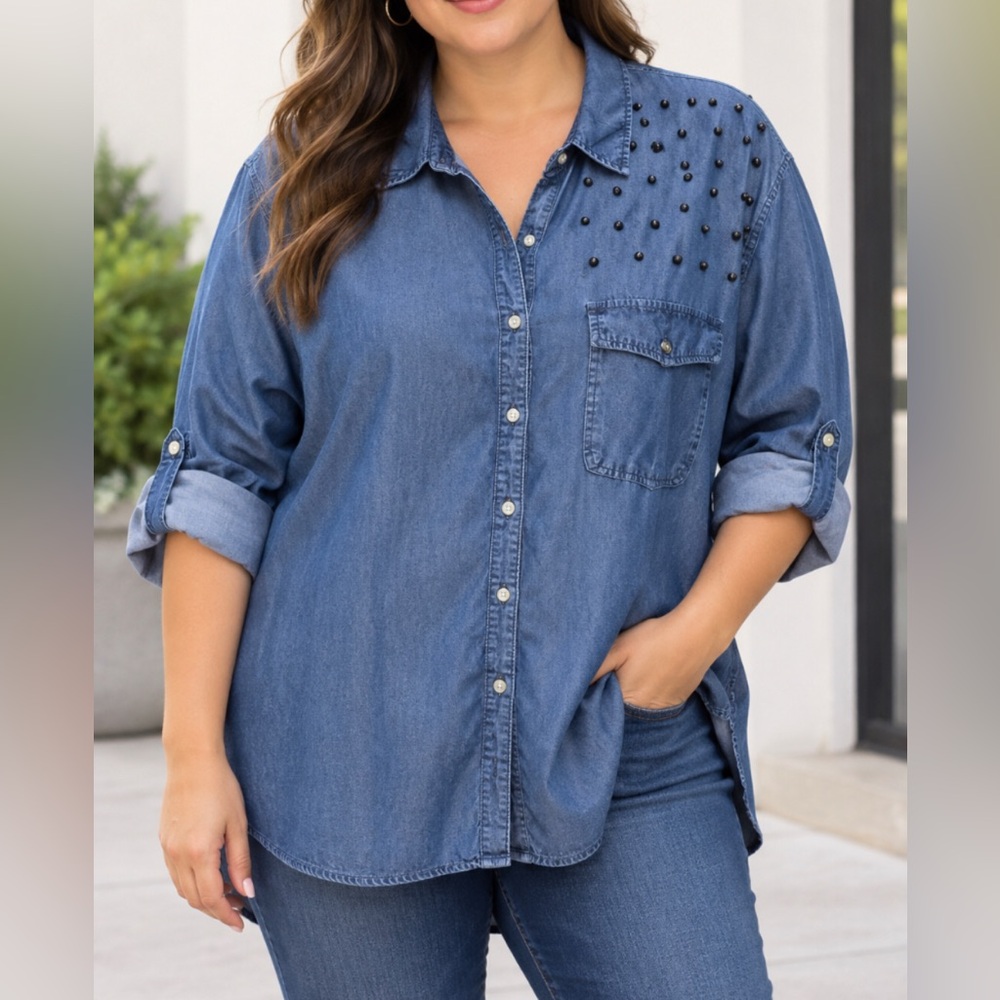 Given Kale Blue Denim-Look Shirt with Stud Detail Top 3X